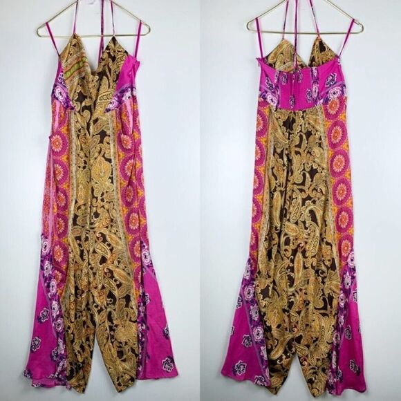 Free People S Miranda Printed Jumpsuit Satiny Floral Scarf Print Pink Gold - Picture 2 of 7